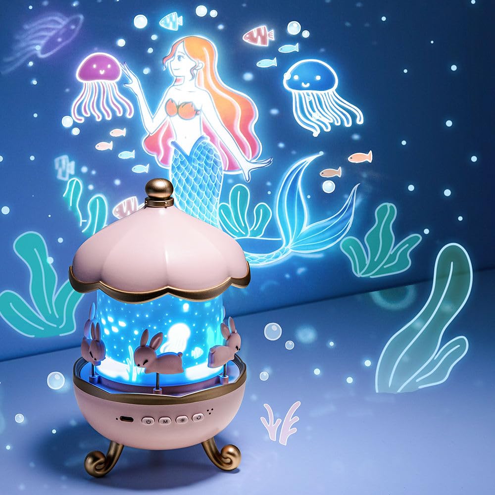 Carousel Night Light Projector, 6 Set Films Rotating LED Lamp, Star Projection Light for A Magical Nursery Atmosphere, Rotatable Rabbit Night Lamp for Kids Room Decor (Bunny Night Light)