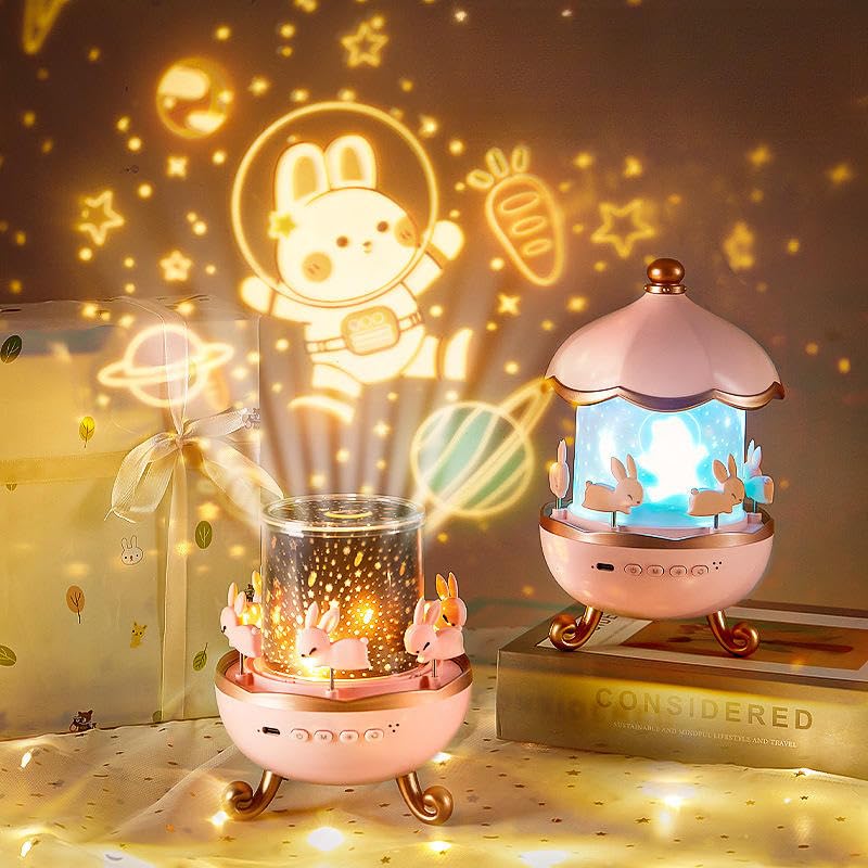 Carousel Night Light Projector, 6 Set Films Rotating LED Lamp, Star Projection Light for A Magical Nursery Atmosphere, Rotatable Rabbit Night Lamp for Kids Room Decor (Bunny Night Light)